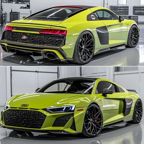 Audi R8 V10, 2023, Kyalami Green. Sleek supercar with 602hp V10 engine. Audi's final gas-powered R8. Iconic side blades, LED headlights. Quattro all-wheel drive. 0-60 mph in 3.1 seconds. 💚🏎️💨  Audi founded 1909, originally produced motorcycles.  Hashtags below 👇  #AudiR8 #V10Power #GreenMachine #QuattroPerformance #LastOfTheV10s Audi R10, V10 Engine, R8 V10, Audi R8 V10, Audi Cars, Led Headlights, Audi R8, Neon Yellow, Audi