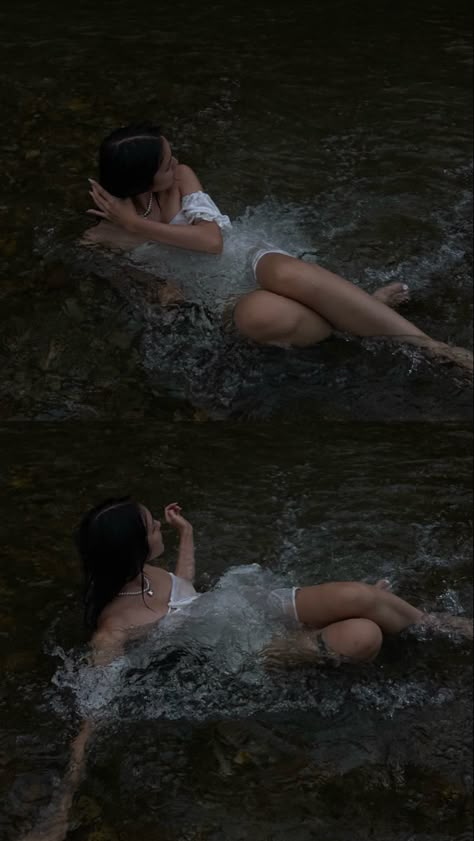 Laying Down In Water Pose, Milk Water Photography, Forest Water Photoshoot, Floating On Back In Water, Photoshoots In Water, Fairy River Photoshoot, River Dress Photoshoot, Dark Lake Photoshoot, River Shoot Ideas