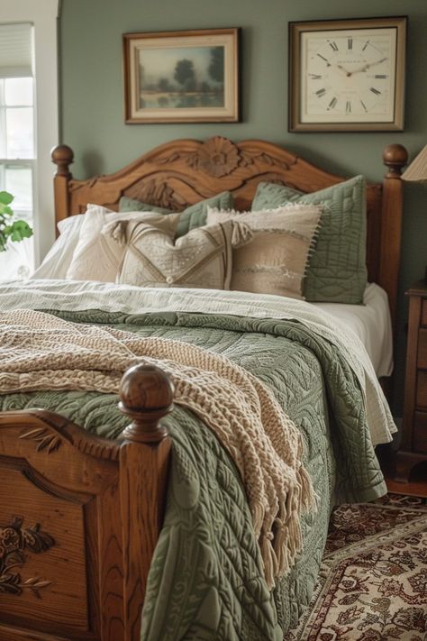 29 Sage Green Farmhouse Bedroom Ideas for a Fresh Update - My Elegant Home Farmhouse Bedroom Green Walls, Green Cottage Bedroom Ideas, Green Bedroom Blankets, Sage House Decor, Farmhouse Reading Room Ideas, Farmhouse Green Bedroom, Sage Green Bedroom Furniture, Green Cottage Bedroom, Bunkhouse Remodel