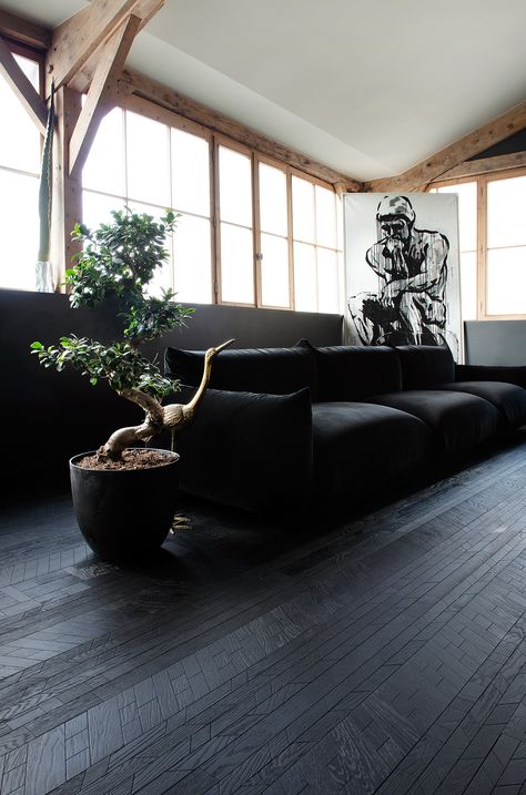 Black Floors Living Room, Lobby Flooring, Black Wooden Floor, Black Hardwood Floors, Kitchen Swagger, Black Floors, Black Flooring, Black Laminate Flooring, Painted Wooden Floors