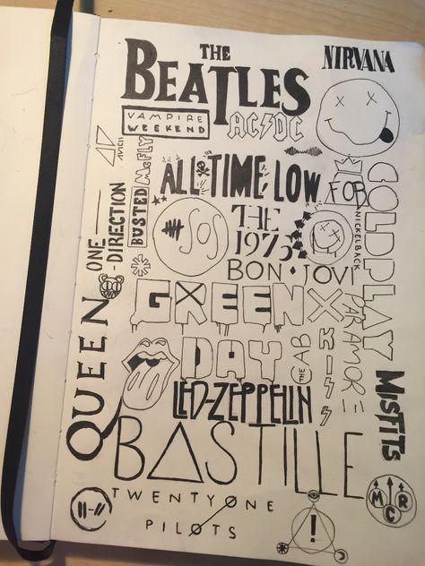 Emo Notebook Doodles, Rock Doodles Music, Rock Star Drawing, Music Doodles Aesthetic, Band Doodles, Song Doodles, Album Cover Drawings, Album Drawings, Notebook Drawing Aesthetic