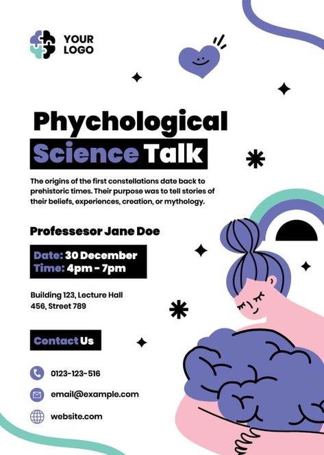 Creative Hand-drawn Psychological Science Talk Poster Talk Event Poster, Psychology Posters Design, Handrawn Poster, Health Poster Design Creative, Therapy Graphic Design, Talk Poster Design, Canva Layout, Talk Poster, Workshop Poster