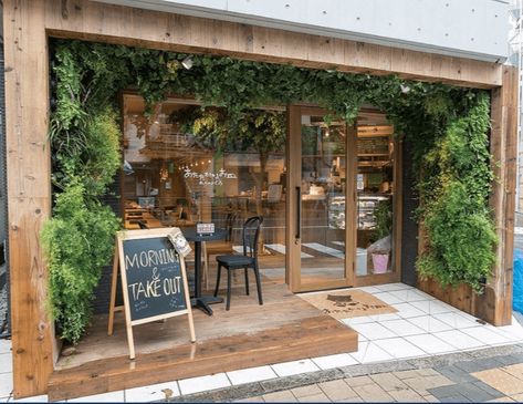 Living plant wall in coffee shop Cafe Exterior, Small Coffee Shop, Coffee Shop Interior Design, Cafe Shop Design, Small Cafe, Coffee Shops Interior, 카페 인테리어 디자인, Garden Cafe, Coffee Shop Design