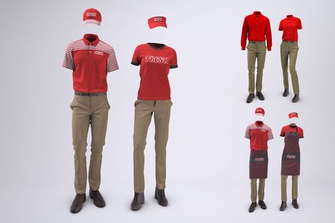 Food Service and Retail Uniforms Mock-Up Pizza Uniform, Waiter Uniform, Uniformed Services, Corporate Outfits, Envato Elements, Food Service, Food Coloring, Mock Up, Red Color