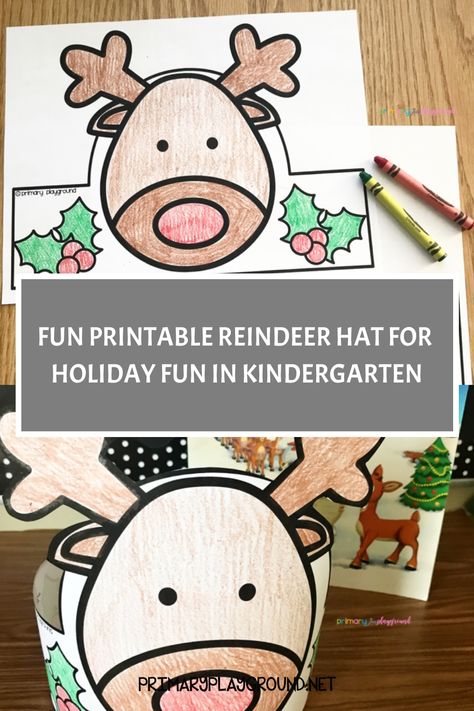 Free Printable Reindeer, Holiday Party Activities, Reindeer Hat, December Activities, Reindeer Craft, Christmas Kindergarten, Reindeer Headband, Kindergarten Art, Shape Crafts