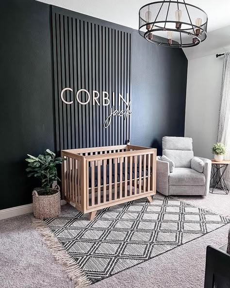 Dark Nursery, Nursery Accent Wall, Black Nursery, Baby Nursery Inspiration, Baby Room Themes, Baby Boy Room Decor, Nursery Room Design, Baby Room Inspiration, Baby Boy Room Nursery