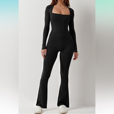 New With Tags Highly Rated On Amazon Qinsen Jumpsuits For Women Square Neck Wide Leg Full Length Romper Buttery Material Full Body Jumpsuit, Bohemian Rompers, Long Sleeve Jumpsuits, Sheer Jumpsuit, Simple Outfits For School, Satin Romper, Flare Jumpsuit, Full Body Suit, Fitted Jumpsuit