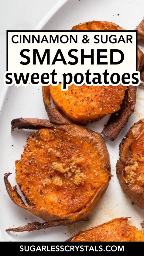 Smashed sweet potatoes are small, flavorful bites of sweet potatoes smashed then baked again with a cinnamon, sweet seasoning. A fun and easy vegetarian appetizer or vegetable side dish that's sure to be a hit with everyone Sweet Potato Recipes Air Fryer Cinnamon, Smashed Sweet Potatoes Baked, Sweet Potato With Cinnamon, Potatoes Smashed, Vegetarian Appetizers Easy, Simple Appetizers, Smashed Sweet Potatoes, Vegetarian Appetizer, Roast Vegetables