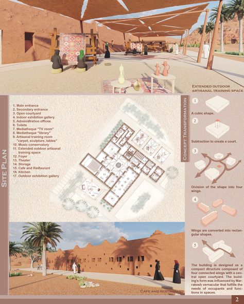 Rectangle Concept Architecture, Diriyah Architecture, Culture Center Plan, Ecolodge Design, Culture Center Architecture, Courtyard Design Architecture, Cultural Center Concept, Cultural Center Architecture Concept, Materials Board Architecture