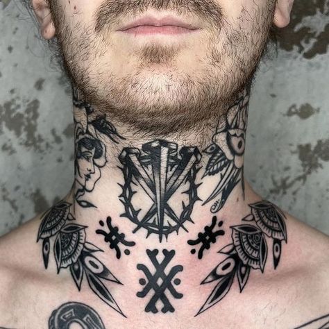 Nordic Throat Tattoo, Ornament Neck Tattoo, American Traditional Collar Tattoo, Traditional Neck Tattoo Men, Black Work Neck Tattoo, Traditional Throat Tattoo, Traditional Tattoo Neck, Japanese Neck Tattoo, Throat Tattoo Men