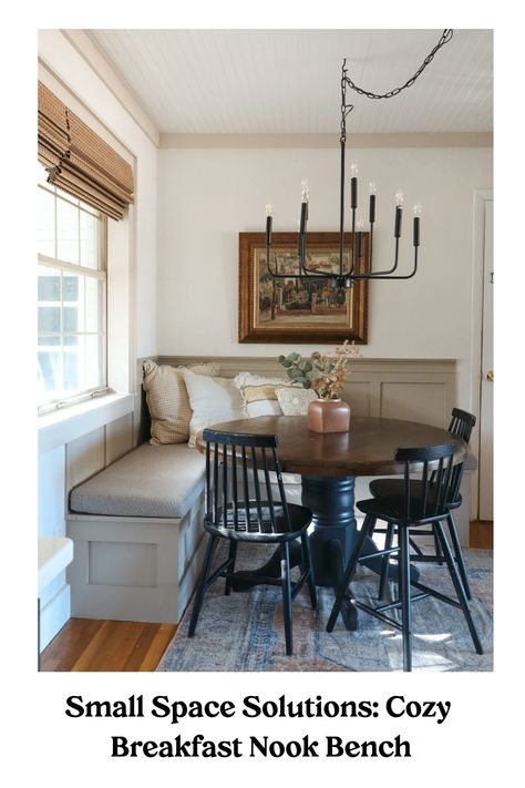 Cozy breakfast nook with a built-in bench, round table, black chairs, and a modern chandelier. Breakfast Nook Round Table And Chairs, Bench Seat Round Table, Eat In Kitchen Nook Corner Bench, Boho Breakfast Nook Corner, Small Morning Room Off Kitchen Ideas, Round Table Corner Bench, Breakfast Nook And Living Room Combo, Corner Kitchen Table Bench, Small Dining Nook In Living Room