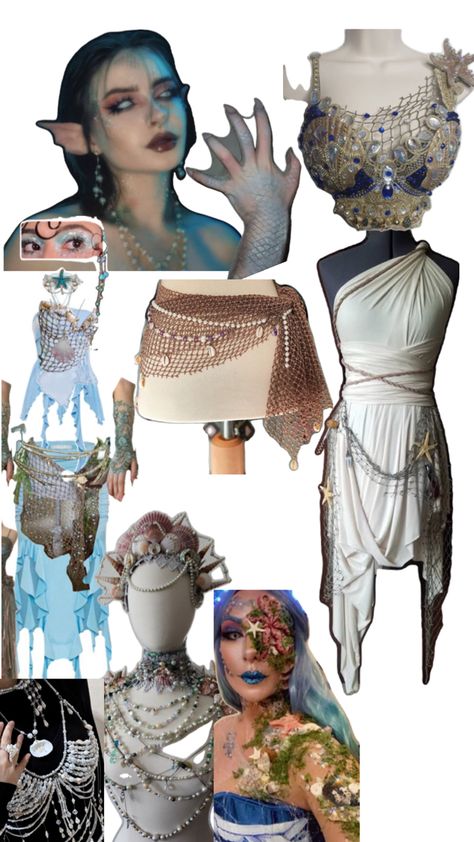 Queen Of The Sea Costume, Sea Witch Costume Sirens, Creepy Siren Costume, Poseidon Costume Woman, Male Mermaid Costume, Diy Siren Costume, Oyster Costume, Siren Outfit Halloween, Siren Costume Ideas