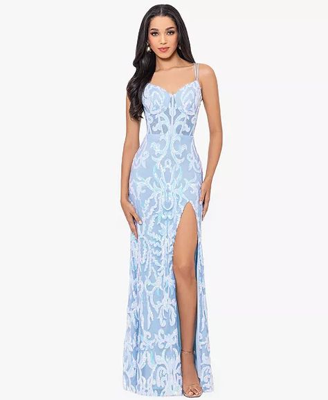 Blondie Nites - Juniors' Sequin Strappy Sleeveless Gown Blue And White Prom Dresses, Winter Prom Dresses, Silver Prom Dress, Fancy Fits, White Prom Dress, Prom Dress Styles, Sleeveless Gown, Prom Dress Inspiration, Cute Prom Dresses