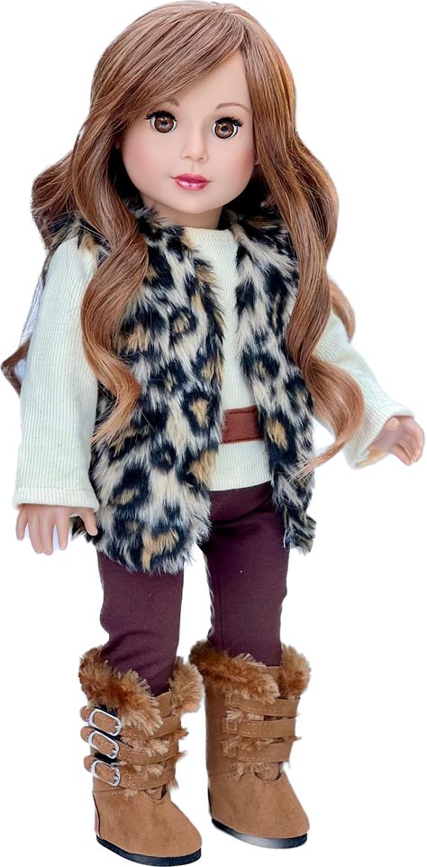 PRICES MAY VARY. This perfectly matching outfit consist of ivory blouse, brown leggings, leopard faux fur vest and boots. Now she can dress warm and also be stylish and fashionable. Outfit contains a wide back closure for easy dressing and clothing removal. 18 inch doll clothes Design in the USA DOLL(S) NOT INCLUDED 18 inch doll clothes American Girl Doll Outfits, My Life Doll Accessories, Potter Fanart, Baby Doll Clothes Patterns, America Girl, Ivory Blouse, Brown Leggings, Beautiful Floral Dresses, American Girl Doll Clothes