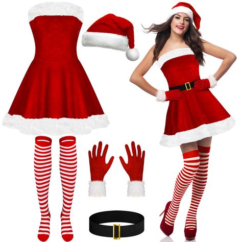 PRICES MAY VARY. Package Includes - Our women Christmas cosplay set includes a red tube top dress, a Santa hat, a black belt, a pair of striped stockings, and a pair of red gloves with fur edges. Multiple Sizes Available - We have four different sizes available. Because the women Christmas dress set is designed as a tube top, please measure your bust before purchasing and refer to the size chart to choose the appropriate size. Elegant Design - Our women Christmas Santa dress and gloves have been Holiday Character Outfits Christmas, Candy Cane Outfit Women, Mean Girls Christmas Costume, Santa Costume Women, Outfit Navidad, Outfit For Party, Mean Girls Christmas, College Christmas, Santa Girl