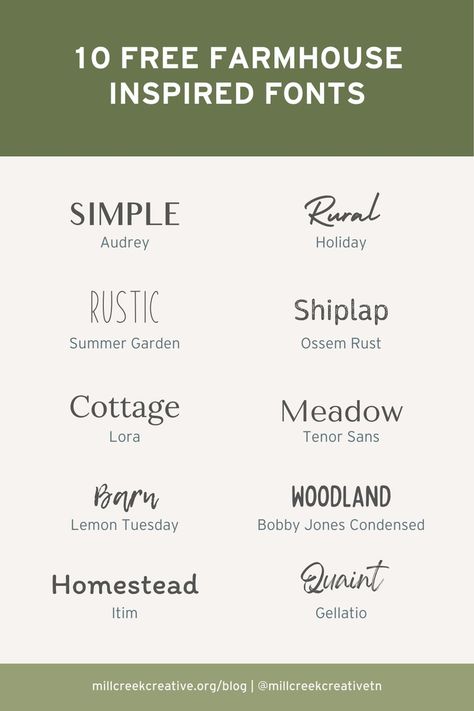 10 Free Farmhouse Inspired Fonts — Mill Creek Creative Country Mood Board, Farmhouse Branding, Farm Font, Farm Fonts, Country Fonts, Rustic Fonts, Farmhouse Fonts, Soap Studio, Farmhouse Font