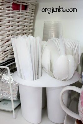 Spring Into Organization ~ My Organized Kitchen! : I'm an Organizing Junkie Utensils Storage Ideas, Plastic Utensil Storage, Housing Decor, Tupperware Organizing, Antibacterial Gel, Homemade Air Freshener, Antibacterial Wipes, Dorm Diy, Organized Kitchen