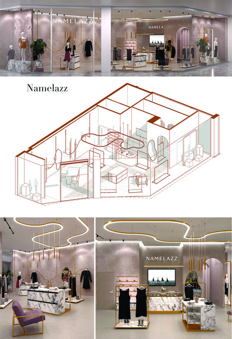 Concept Store "Namelazz" design project Concept Clothing Store, Retail Store Mood Board, Retail Store Ceiling Design, Fashion Outlet Interior Store Design, Clothing Store Plan, Fashion Atelier Interior, Boutique Floor Plan Store Layout, Store Layout Ideas Retail, Architectural Models Conceptual