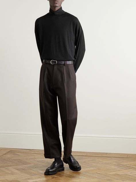 EXCLUSIVE AT MR PORTER. The duo behind "the only podcast that matters" have special appreciation for well-made, dependable wardrobe stapes. True to form, this Kaptain Sunshine + Throwing Fits turtleneck sweater has been knitted from soft merino wool. Reach for it on days when you want to up the sophistication. Fancy Turtleneck Outfit Men, Black Sweater Turtleneck, Men Fall Attire, Monochromatic Black Outfit Men, Navy Blue Turtleneck Outfits Men, Dark Academia Sweater Men, Turtleneck Aesthetic Men, Mens Turtleneck Outfits Casual, Business Goth Men