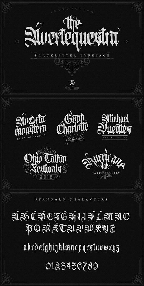 Ad: AVERTEQUESTRA  is a typeface with Blackletter style taste, includes full set of gorgeous uppercase and lowercase letters, numerals, punctuation, ligatures, discretionary ligatures, alternate characters, multilingual characters support and extra ornaments, giving realistic calligraphy blackletter style.  Avertequestra is very suitable as to make a design choice for Tattoo Logo, Barbershop Logo, Music Events, Badges, Clothing and many more.  Inspired by blackletter calligraphy. $99 Gothic Font Calligraphy, Blackletter Logo Design, Black Letter Tattoo, Tattoo Typeface, Black Letter Calligraphy, Blackletter Logo, Blackletter Typography, Calligraphy Blackletter, Black Letter Font