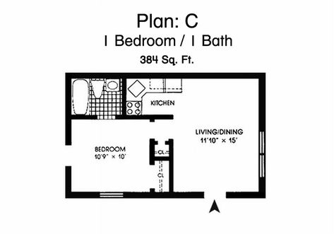 Morningside Gardens One Bedroom Apartment Floor Plan - 1 Bed, 1 Bath, 384 Sq. Ft. One Bed Apartment Floor Plan, One Bedroom Apartment Floor Plan, Studio Apartment Floor Plans, 1 Bedroom House Plans, Granny Pods, One Bedroom House, Apartment Floor, Granny Flats, Apartment Floor Plan