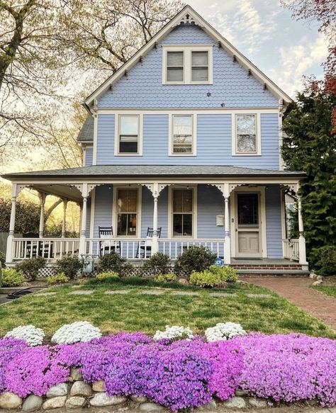 Blue House With Wrap Around Porch, White House Blue Shutters Wrap Around Porch, Blue House Wrap Around Porch, Wrap Around Porch Cottage, Small Farmhouse Porch, Big Garden Design, Blue Farmhouse Exterior, Blue House White Trim, Victorian Farmhouse Exterior