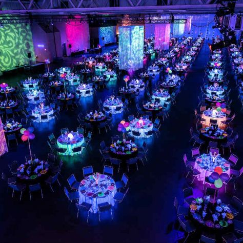 Essentia Glow Room Purple Glow Quince Theme, Glow Party Wedding, Glow In Dark Wedding, Glow In The Dark Wedding Reception, Glow In The Dark Quinceanera, Black Light Centerpieces, Neon Nights Prom Theme, Neon Quinceanera Theme, Light Up The Night Theme Party Ideas