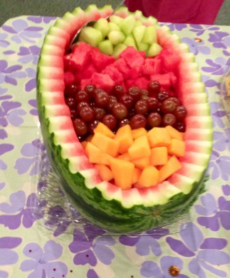 Watermelon Fruit Bowl                                                                                                                                                      More Watermelon Carved Fruit Bowl, Watermelon Fruit Bowl Ideas, Watermelon Boat Fruit Bowls, Fruit Bowl Ideas, Watermelon Frog, Watermelon Fruit Bowl, Salad Bowl Ideas, Watermelon Boat, Watermelon Fruit Bowls