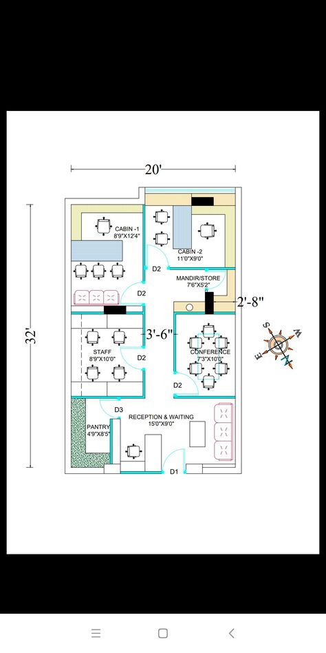 layout of office for 600sqft carpet area Admin Area Design, Office Plan With Dimensions, Small Offices Plans Layout, 400 Sq Ft Office Design, Office Plan Layout Design, Open Plan Office Design Layout, 8 X 12 Office Layout, Office Floor Plan With Dimensions, Architect Office Plan Layout