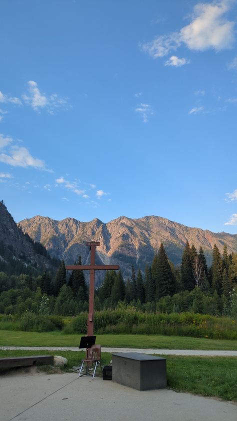 Aesthetic mountain, youth camp, church camp, cross with mountain background, Utah mountain, mountain, cool mountain Church Boy Aesthetic, Youth Camp Aesthetic, Christian Camp Aesthetic, Christian Asthetic Picture, Linda Core, Church Camp Aesthetic, Mountain Girl Aesthetic, Camp Aesthetic, Aesthetic Camping