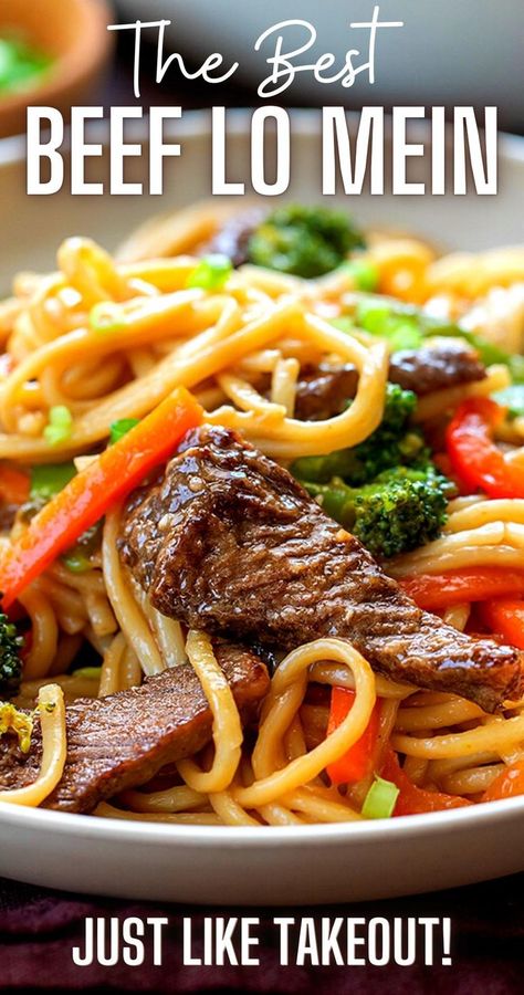 Close-up image of a plate filled with beef, noodles, shredded carrots, broccoli, and red peppers. Best Beef Lo Mein Recipe, Beef Lo Mein Recipe, Beef Lo Mein, Asian Steak, Beef Chow Mein, Lo Mein Noodles, Easy Stir Fry Recipes, Homemade Chinese Food, Chow Mein Recipe