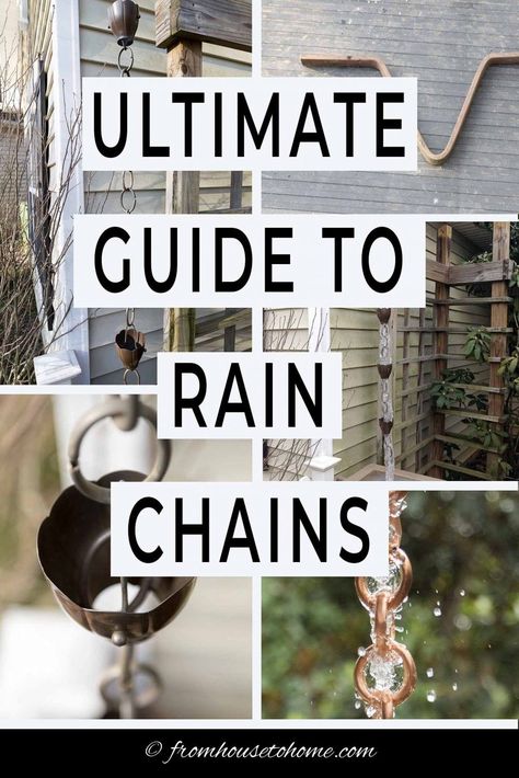 I love these copper rain chains ideas! Lots of traditional and modern versions to fit the look of any house and garden.  #fromhousetohome #gardenideas #curbappeal  #rainchains #waterfeatures #seasonaldecor #summerdecoratingideas Rain Chain Basin Ideas, Rain Barrel Ideas, Pictures Of Rain, How To Make A Rain Chain, Rain Chain Installation, Rain Chain Diy, Rain Chain Garden, Composting 101, Rain Catcher