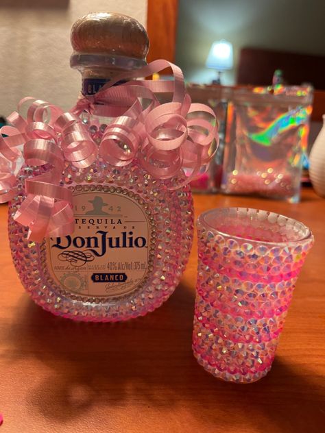 Bedazzled Alcohol Bottle 21st Birthday, Bedazzled Bottle Pink, Cute Liquor Bottles, Bling Tequila Bottle, Wine Bottle Glitter, Badazled Alcohol Bottles, Customized Alcohol Bottles, Bedazzled Don Julio Bottle, Sparkly Liquor Bottles