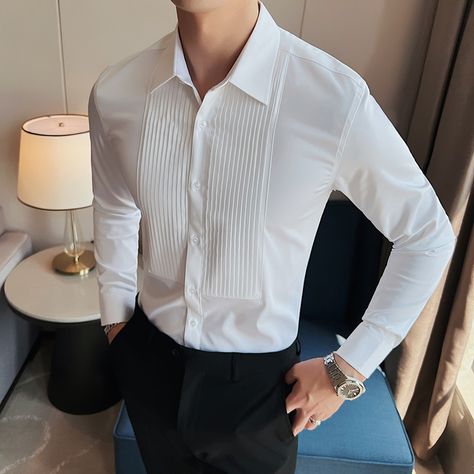 Black/White High Quality Long Sleeve Shirts For Men Fashion Pleated Design Slim Fit Tuxedo Formal Formal Shirt Design, Wedding Blouses, Long Sleeve Shirts For Men, Shirts For Men Designer, Shirt Designs For Men, Slim Fit Tuxedo, White Shirt Men, Men Stylish Dress, Pleated Shirt