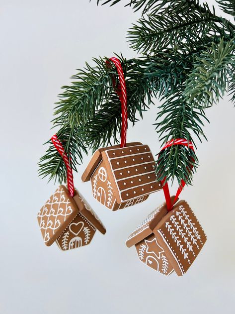 Clay Gingerbread House, Clay Gingerbread, Gingerbread House Candy, Auction Basket, Mini Gingerbread House, Mini Clay, Pottery Ornaments, Gingerbread Christmas Decor, Christmas Houses