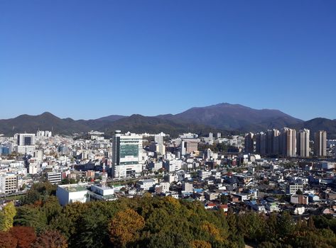 The city view, surrounded by colorful trees, in Gwangju, Seoul, South Korea Gwangju Aesthetic, Merry Christmas In Korean, Thank You In Korean, Cute In Korean, Autumn Landscape Photography, Gwangju South Korea, Love In Korean, Korean Dating, Korea Photography