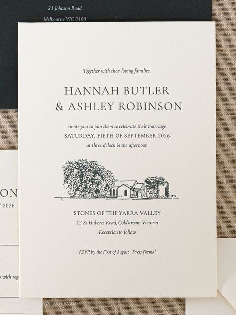 Wedding Invitation Cards Illustration, Old English Wedding Invitations, Basic Wedding Invitations, Wedding Invite Venue Sketch, Wedding Invite With Illustration, Green Letterpress Wedding Invitations, Estate Wedding Invitations, Wedding Invite Venue Illustration, Wedding Invitation Traditional