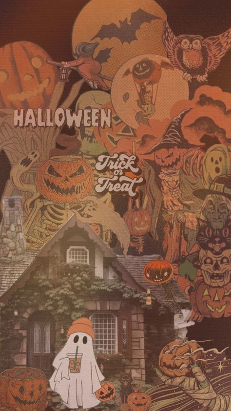 #wallpaper #vintage #halloween #orange #fall Cute Vintage Halloween Wallpaper, Vintage Halloween Wallpaper Backgrounds, 80s Halloween Aesthetic Wallpaper, Fall Lofi Wallpaper, Vintage Halloween Lockscreen, Garfield Halloween Wallpaper, Cluttercore Wallpaper, Vintage Halloween Art Wallpaper Iphone, 70s Fall Aesthetic