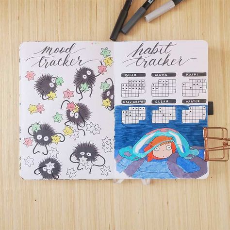 Ghibli Journal Ideas, Studio Ghibli Bujo, Studio Ghibli Journal Ideas, Studio Ghibli Bullet Journal, Studio Ghibli Journal, Ghibli Journal, Bujo Theme Ideas, Anime Journal Ideas, Cute Studio Ghibli