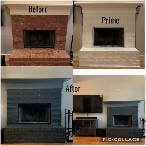 Gray Chimney Brick, Paint Chimney Brick, Old Chimney Makeover, Brick Fireplace Painting Ideas, Brick Fireplace Makeover Modern, Brick Chimney Makeover, Dark Gray Fireplace Brick, Dark Painted Brick Fireplace, Grey Fireplace Brick