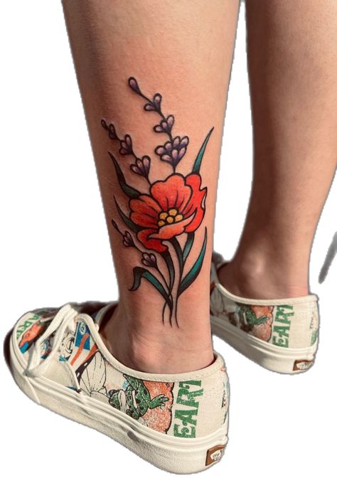 6 inch tattoo on back of calf above the ankle. one poppy and three pieces of lavender with leaves Poppy Tattoo Traditional, Traditional Poppy Tattoo, Bluebonnet Tattoo, Back Of Ankle Tattoo, California Poppy Tattoo, Pretty American, Tattoo Pretty, Colored Tattoo, Poppy Tattoo