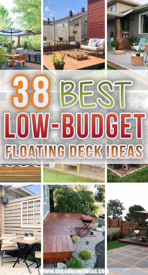 Best Low Budget Floating Deck Ideas. Add a low-budget floating deck to your backyard and create the perfect relaxation oasis for your family and guests. Inspire yourself with these cheap DIY floating deck projects. #decorhomeideas via @decorhomeidea Cheap Diy Deck Ideas, Small Floating Deck Ideas, Simple Decks Backyard Budget, Low Cost Outdoor Patio Ideas, Floating Decking Ideas, Ground Level Decks Backyard, Easy Diy Deck How To Build, Simple Floating Deck, 10 X 10 Deck Ideas