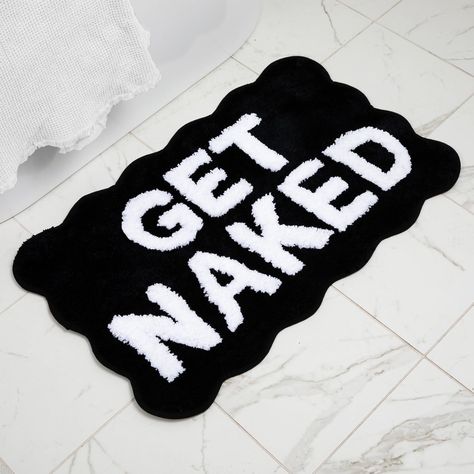 PRICES MAY VARY. Get Naked Shower Mat: Start your day with a smile on our Get Naked bathroom scalloped edge bath mat. This cute bath mat is adorned with raised white letters "Get Naked" on a sleek super soft black surface, enhancing your bathroom routine with a playful and distinctive touch. This black and white bath mat is 20" x 32", the perfect size for your bathtub, shower, vanity area or sink. This get naked cute bathroom rug is a stylish addition to your master bathroom or guest bath decor. Fun Bathroom Mats, Black And White Bathroom Ideas Modern, Fun Bathroom Rugs, Funky Bathroom Decor, Black Bathroom Rug, Fun Bath Mats, Shower Vanity, Funky Bathroom, Funny Bath Mat