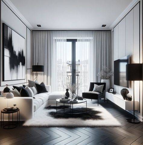 A black and white small living room design for a new-build home Black White Salon Decor, White Small Living Room, New Build Living Room, Black And White Salon, Living Room Interior Design Ideas, Emily May, Room Interior Design Ideas, Black And White Living Room, Small Living Room Design