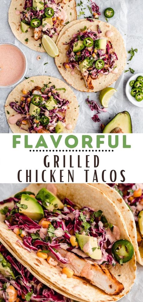 Chicken tacos are one of my family's very favorite meals and this recipe is super simple to make and the end result is always sure to impress! The BEST grilled chicken tacos are made with warm tortillas filled with Mexican spiced chicken, corn cabbage slaw, a creamy taco sauce, avocado slices and a squeeze of fresh lime. It’s a crowd-pleasing meal that’s quick, easy, and packed with flavor! Creamy Taco Sauce, Chicken Breast Tacos, Moms Food, Mexican Grilled Chicken, Tacos Fish, The Best Grilled Chicken, Best Grilled Chicken, Lime Chicken Tacos, Grilled Chicken Tacos