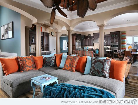 15 Stunning Living Room Designs with Brown, Blue and Orange Accents- not big on the pattern on the pillows but the over all color scheme is awesome! Living Room Decor Orange, Orange Living Room, Tropical Living Room, Living Room Turquoise, Brown Living Room Decor, Living Room Orange, Design Salon, Living Room Color Schemes, Colourful Living Room