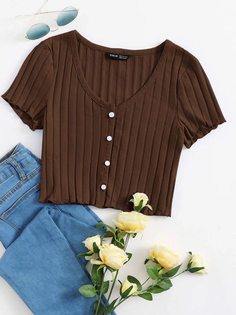 Shein Crop Top Outfit, Baju Crop Top, Shein Tops Shirts, Cute Shein Tops, Shein Crop Tops, Cropped Shein, Pakaian Crop Top, Rib Knit Crop Top, Blusas Crop Top