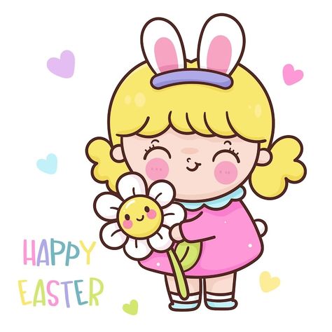 Vector bunny girl holding flower for eas... | Premium Vector #Freepik #vector #easter #easter-day #egg-hunt #easter-holiday Ice Cream Kawaii, Unicorn Topper, Easter Drawings, Doll Drawing, Illustration Art Kids, Lion Drawing, Cute Vector