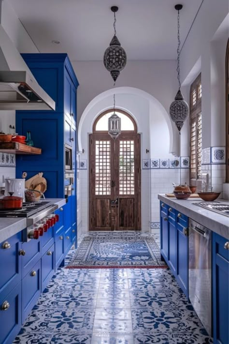 Exotic Kitchen Design, Blue Tiles In Kitchen, Moroccan Interior Design Kitchen, Cozy Boho Kitchen, Moroccan Kitchen Design, Moroccan Decor Kitchen, Modern Moroccan Interior Design, Moroccan Tiles Kitchen, Boho Kitchen Curtains