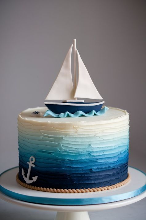 Sailboat-Themed Cake with Fondant Boat and Nautical Charm Simple Ocean Theme Cake, Sea Cake Ideas Birthday, White Sea Aesthetic, Sailor Aesthetic Sea, Birthday Cake Aesthetic Blue, Fondant Boat, Ocean Cake Ideas, 11 Birthday Cake, Summer Themed Cake